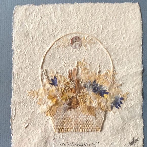 “Wildflowers” 10 1/2 by 11 1/4 framed natural tone wood/ blue mat/ signed - Picture 2 of 10